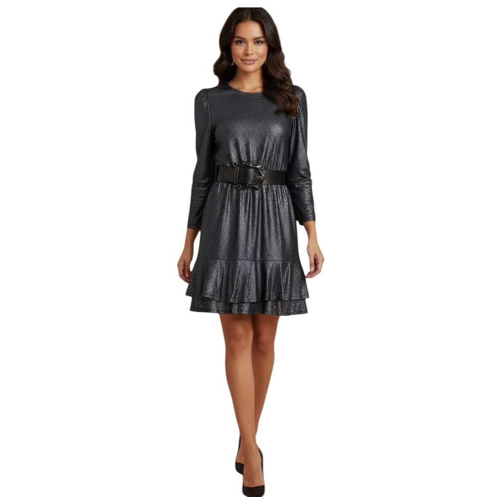 Michael Michael Kors Black‎ Metallic Eyelet Ruffle Mini Dress Womens M No Belt